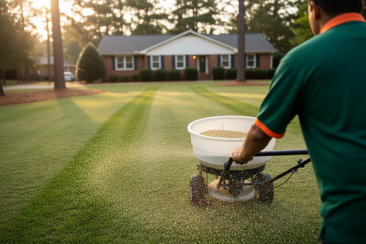 Snellville GA lawn care technician broadcasting granular NPK fertilizer across a striped Bermuda lawn