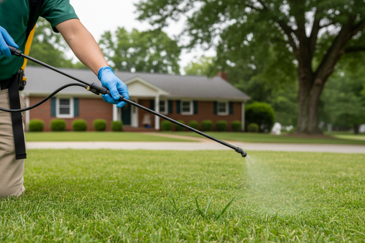 Licensed Snellville GA lawn care technician applying weed control treatment to a healthy Bermuda lawn